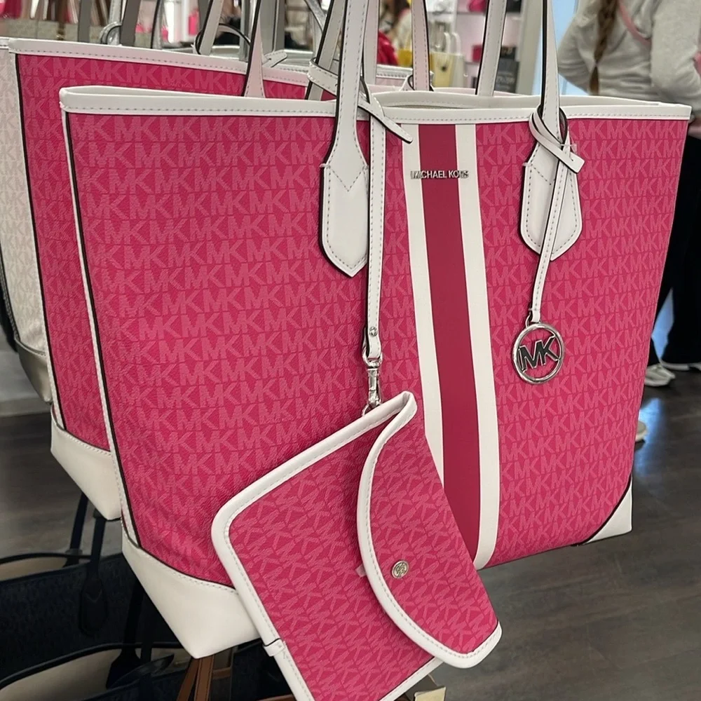 Michael Kors Eva Large Signature Logo Stripe Shoulder Tote Bag Dragonfruit  NWT